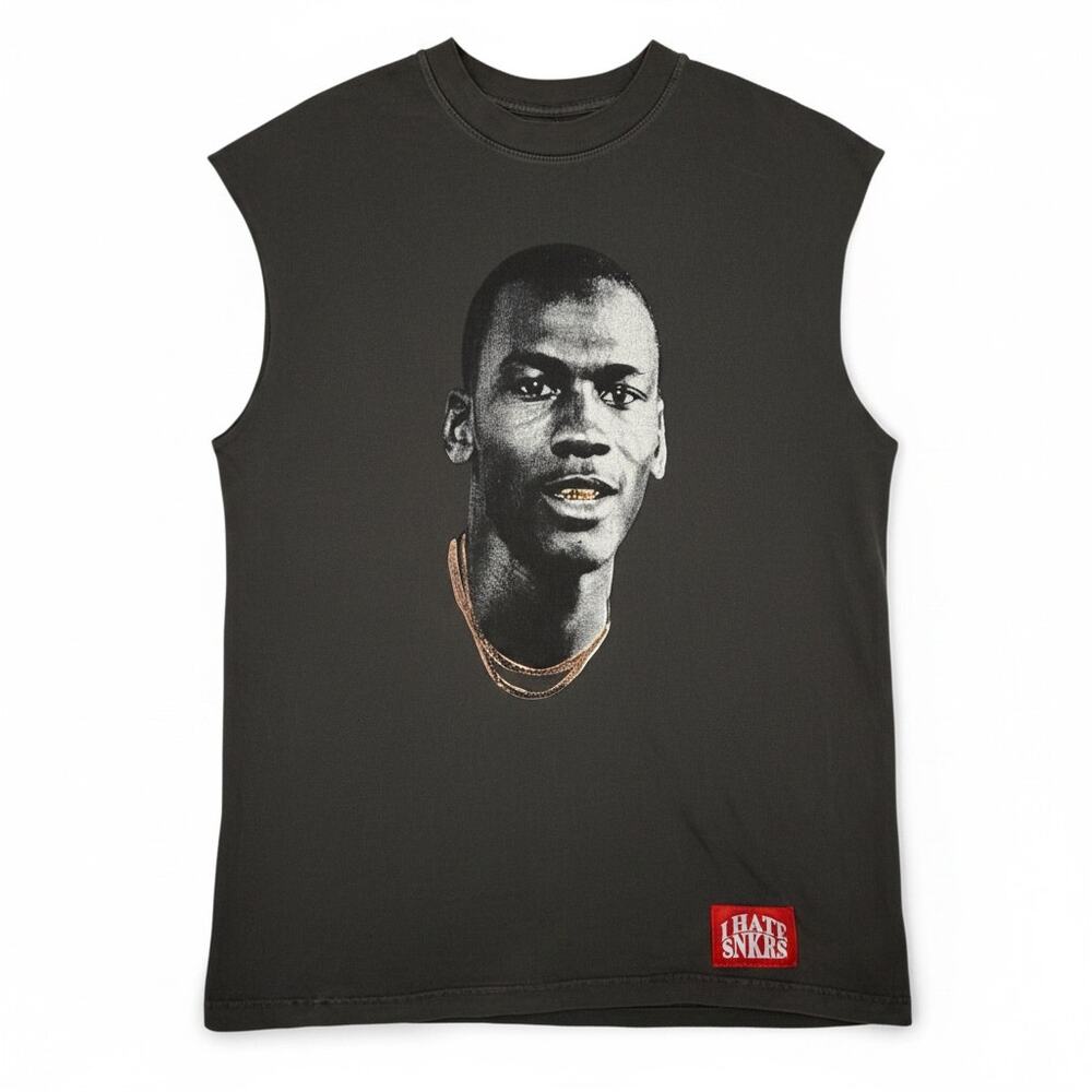 I Hate Snkrs Men's XL Gray Cotton Graphic Michael Jordan Sleeveless T-Shirt Crew